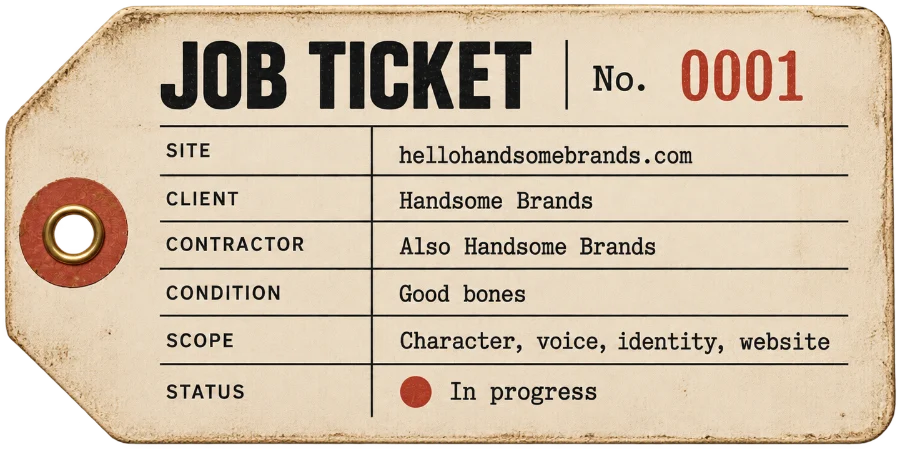 Job ticket No. 0001. Site: hellohandsomebrands.com. Client: Handsome Brands. Contractor: Also Handsome Brands. Condition: Good bones. Scope: Character, voice, identity, website. Status: In progress.